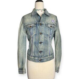 DIVIDED H&M Women Denim Jacket Sz 12 R  Blue Wash 2 Pockets Handmade embroidery